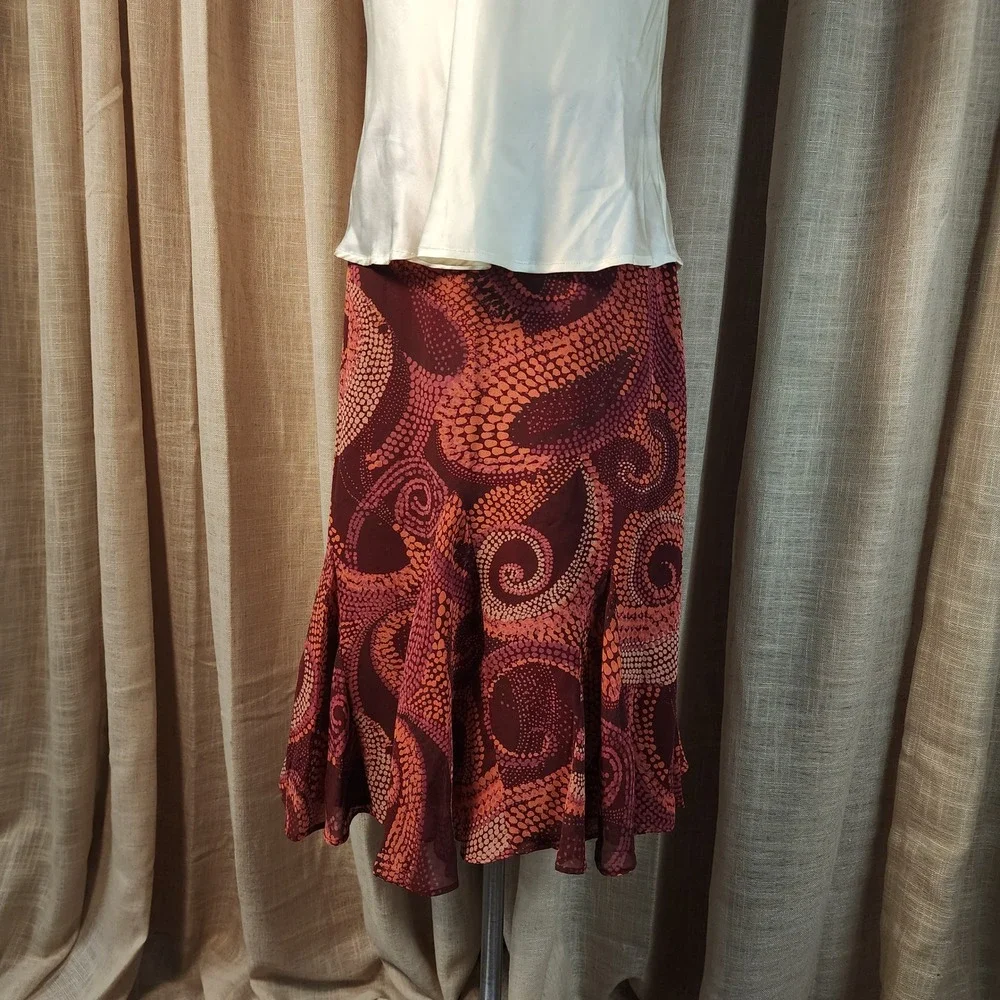 Abstract Swirl Print Midi Skirt Size M Burgundy Orange Flared Ruffle